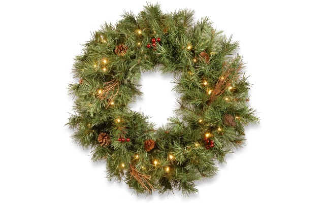  Company lit Artificial Christmas Wreath Flocked with Mixed Decorations and Pre-Strung White LED Lights Glistening Pine-30 Inch