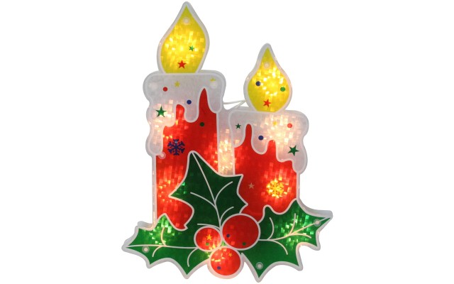  12″ Lighted Holographic Holly and Berry Candle Christmas Window Silhouette Decoration