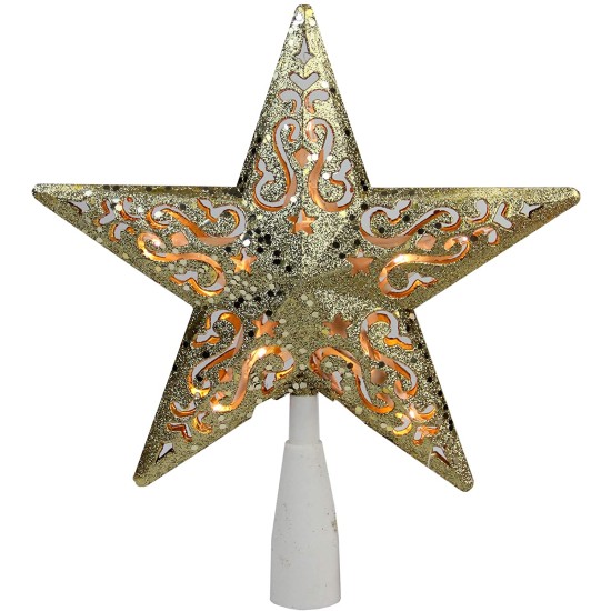  8.5″ Gold Glitter Star Cut-Out Design Christmas Tree Topper – Clear Lights