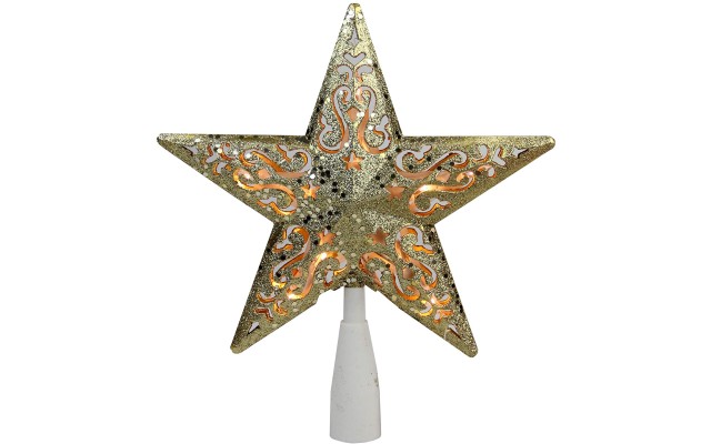  8.5″ Gold Glitter Star Cut-Out Design Christmas Tree Topper – Clear Lights