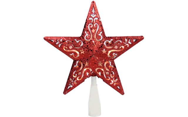  8.5″ Red Glitter Star Cut-Out Design Christmas Tree Topper – Clear Lights