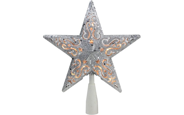  8.5″ Silver Glitter Star Cut-Out Design Christmas Tree Topper – Clear Lights
