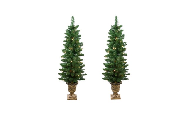  Artificial, Set of 2 Pre-Lit Whitmire Pine Potted Artificial Christmas Trees 4′ – Clear Lights