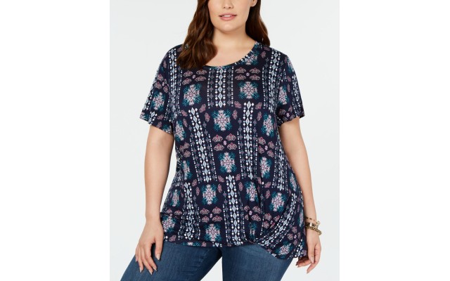  Womens Plus Side Tie Shirt Tunic Top, Navy, 2X