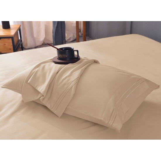  Wrinkle Free Sheet Sets with Deep Pockets & Stain Resistant, 1800 Thread Count Bamboo Based, Beige, Twin