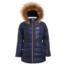 Tommy Hilfiger Big Girls Puffer Jacket With Faux Fur Hood (Navy, 7)