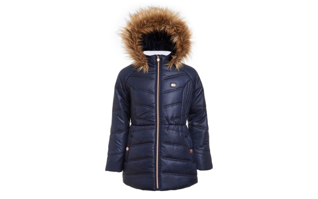  Big Girls Puffer Jacket With Faux Fur Hood (Navy, 7)