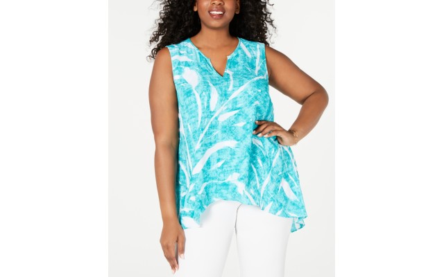  Womens  Printed Sleeveless V Neck Tunic  Dark Blue, Blue, 1X