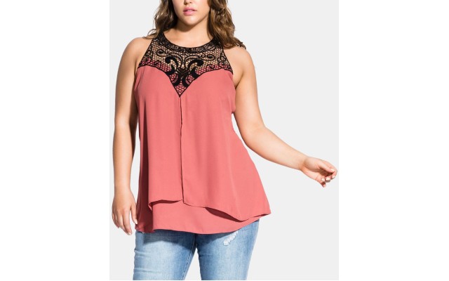  Womens Crochet Yoke Layered Blouse Wine, wine, 18W