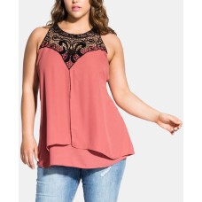 City Chic Womens Crochet Yoke Layered Blouse Wine