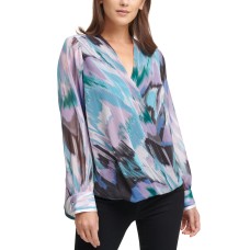 DKNY Printed Surplice Blouson Top (Purple)