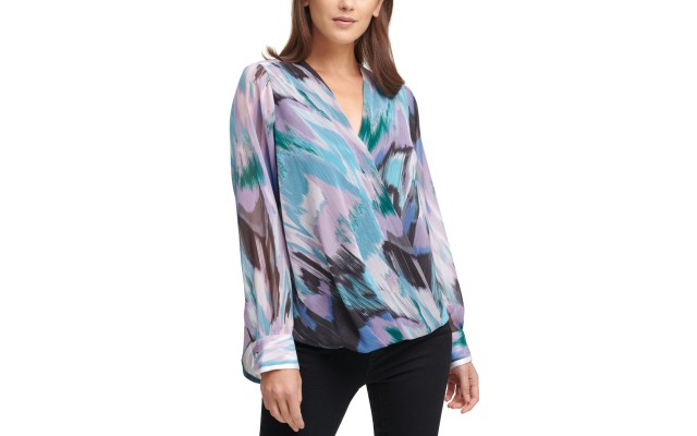  Printed Surplice Blouson Top (Purple), Purple, Small