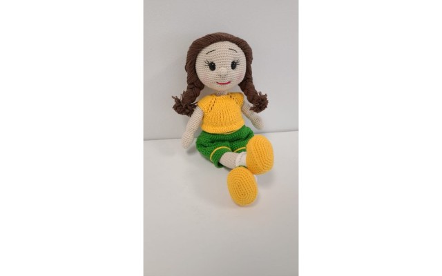 Handmade Amigurumi Crochet Wool Long Short Braided Hair Girls For Fun Game, Girl In Green Shorts - 5.11 inches, 5.11