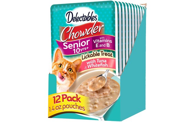  Delectables Chowder Lickable Wet Cat Treats for Kitten, Adult & Senior Cats (Tuna & Whitefish, for Seniors 10+ ,12 Pack)