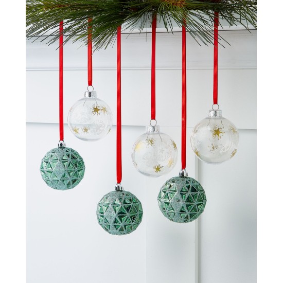  Birds & Boughs, Glitter Green Shatterproof Ornaments, Set of 6