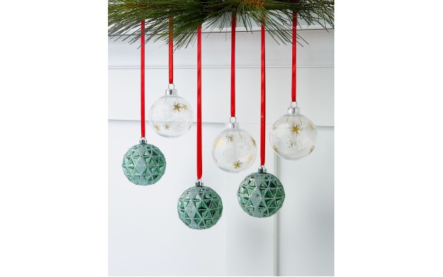  Birds & Boughs, Glitter Green Shatterproof Ornaments, Set of 6