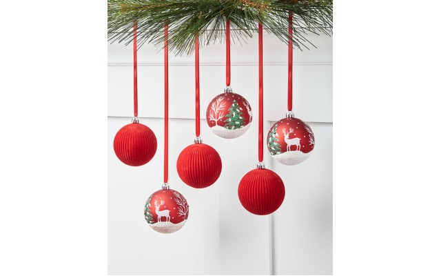 Christmas Cheer Shatterproof White & Red Floral Pattern Ornaments Set of 6