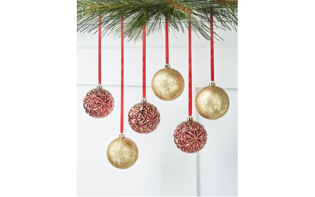  Evergreen Dreams Red & Gold-Tone Shatterproof Ornaments, Set of 6