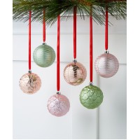 Holiday Lane Shimmer and Light Pink and Green Shatterproof Ornaments Set of 6