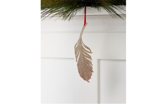  Shimmer & Light, Glittered Gold-Tone Feather Ornament