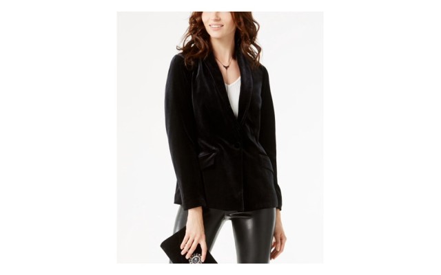  INC Velvet Blazer One Button Lapels Slim Fit Casual Business Work Jacket, Black, Medium