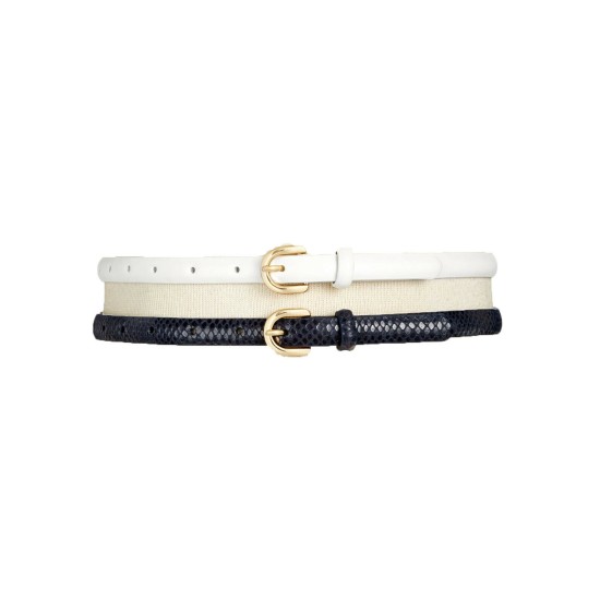  Womens 2-for-1 Skinny Belts, White/Navy, Small