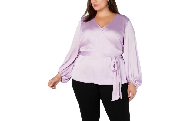  Women’s Plus Size Belted Blouson-Sleeve Pullover Blouse Tops