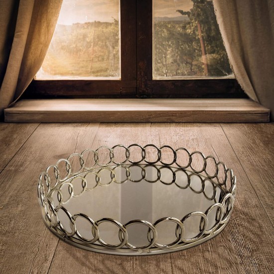  Round Link Mirrored Tray, Silver