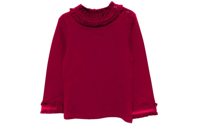  Girls Frilled Neck And Cuffs Peruvian Cotton T-Shirt – Long Sleeve, Crewneck, Magenta, 3