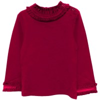Kidsy Girls Frilled Neck And Cuffs Peruvian Cotton T-Shirt – Long Sleeve, Crewneck, Magenta, 2