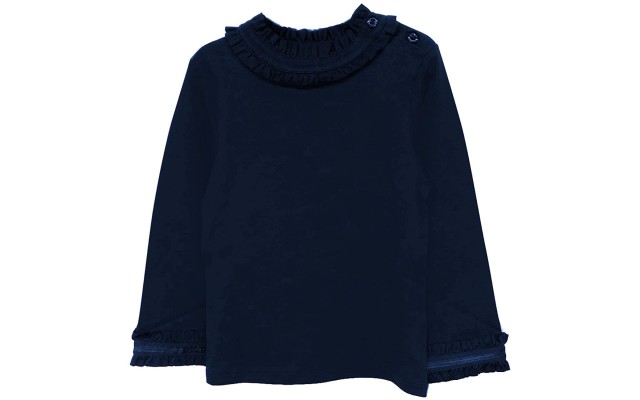  Girls Frilled Neck And Cuffs Peruvian Cotton T-Shirt – Long Sleeve, Crewneck, Winters Night, 8