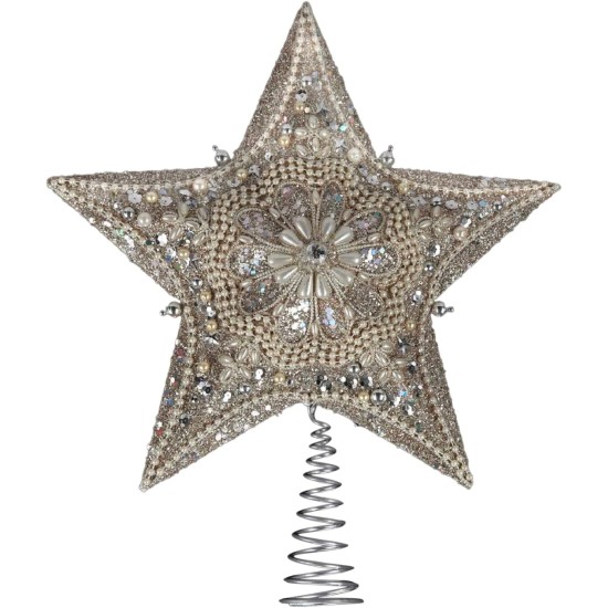  13.5-inch Star Treetop with Ivory Pearls and Platinum Glass Glitter
