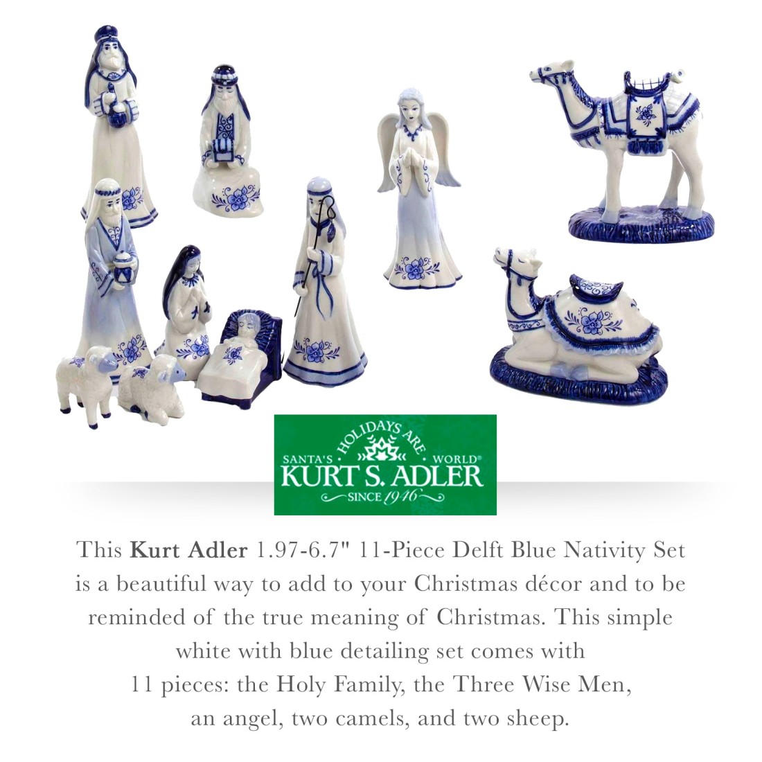 Kurt Adler 1.97-Inch by 6.7-Inch Porcelain Delft Blue 11-Piece Nativity Set