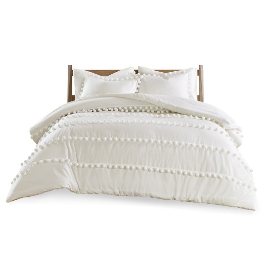  Cozy Cotton Comforter Set Bedding, Full/Queen(90″x90″), Leona, Pom Pom Tufts Ivory