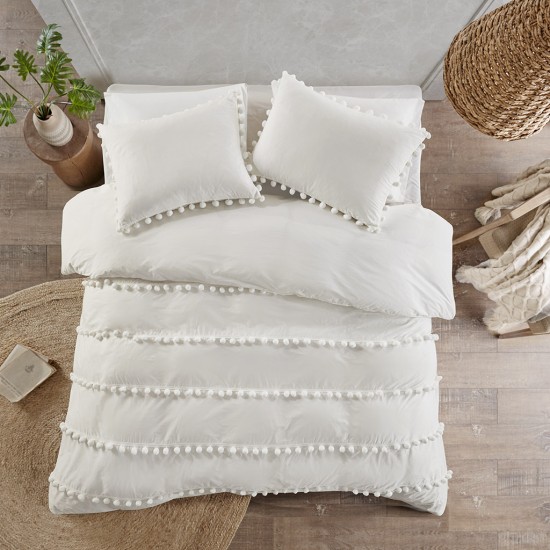  Cozy Cotton Comforter Set Bedding, Full/Queen(90″x90″), Leona, Pom Pom Tufts Ivory