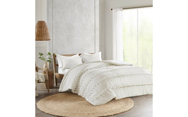  Cozy Cotton Comforter Set Bedding, Full/Queen(90″x90″), Leona, Pom Pom Tufts Ivory