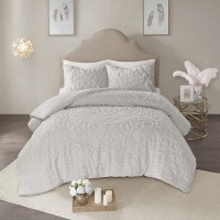 Madison Park Laetitia 3 Piece Cotton Chenille Medallion Comforter Set, Full/Queen(90″x90″), Floral Grey