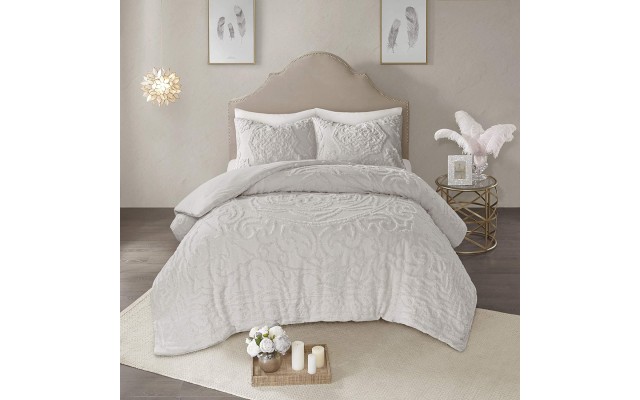  Laetitia 3 Piece Cotton Chenille Medallion Comforter Set, Full/Queen(90″x90″), Floral Grey