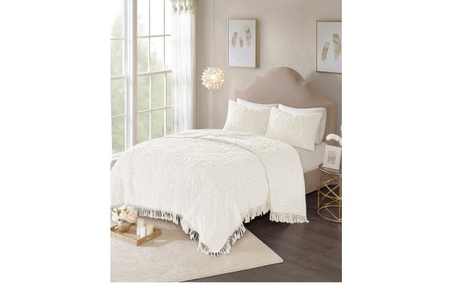  Laetitia Full/Queen 3 Piece Cotton Chenille Medallion Fringe Coverlet Set