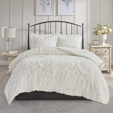 Madison Park Tufted Chenille Cotton Comforter All Season Bedding Set, Full/Queen(90″x90″), Viola, Damask White