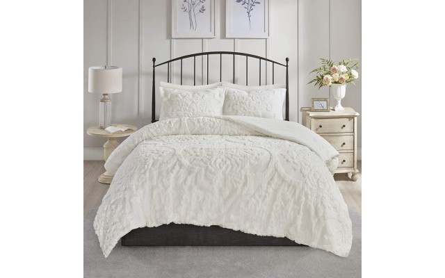  Tufted Chenille Cotton Comforter All Season Bedding Set, Full/Queen(90″x90″), Viola, Damask White