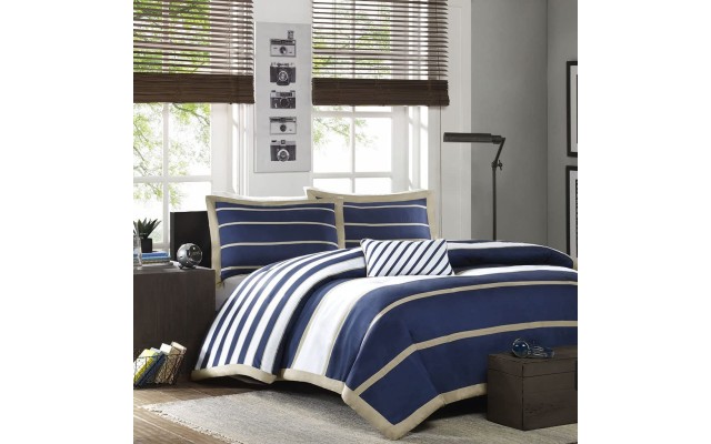 Mizone Ashton Duvet Cover Set, Navy, Full/Queen