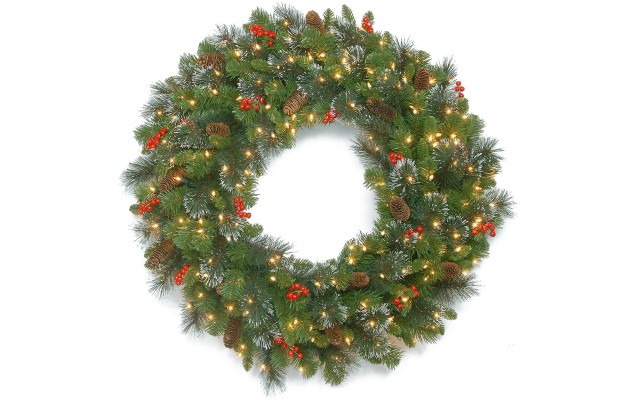  Company 30″ Crestwood Spruce Wreath With Red Berries, Pine Cones, Glitter & 70 Battery-Operated LED Lights