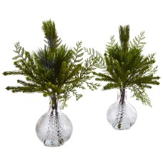 Nearly Natural 4546-S2 Mixed Pine in Glass Vase, 2 Piece