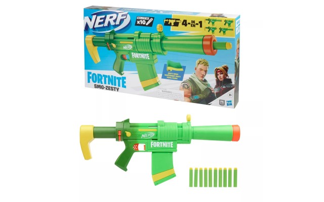 Fortnite SMG-Zesty Elite Dart Blaster — Removable Stock and Barrel, Removable 10-Dart Clip, 10 Official Elite Darts