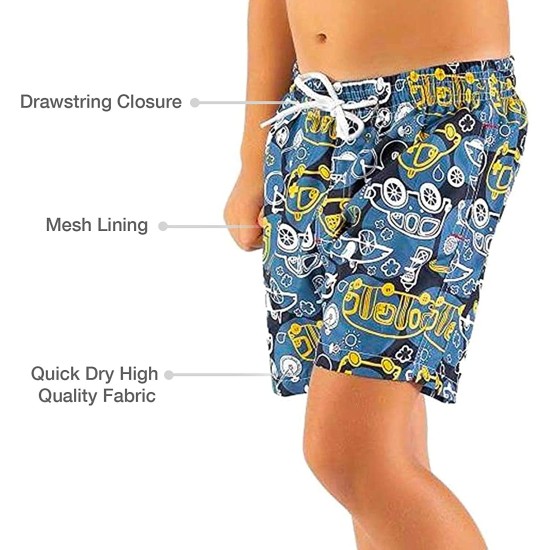 Printed, Solid & Fluorescent Colored Quick Dry Swim Shorts for Boys and Girls, Swim Trunks, Bathing Suits, Swimwear, Swim Shorts for Kids, Blue (Printed), 3-4T