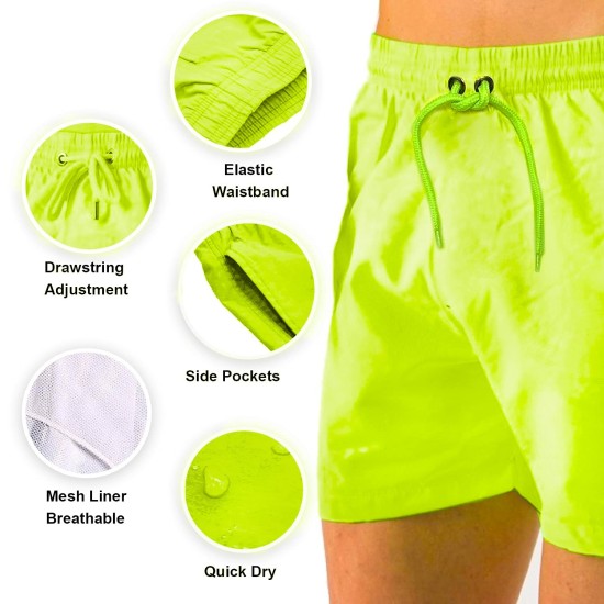 Printed, Solid & Fluorescent Colored Quick Dry Swim Shorts for Boys and Girls, Swim Trunks, Bathing Suits, Swimwear, Swim Shorts for Kids, Fluorescent Green, 9-10T