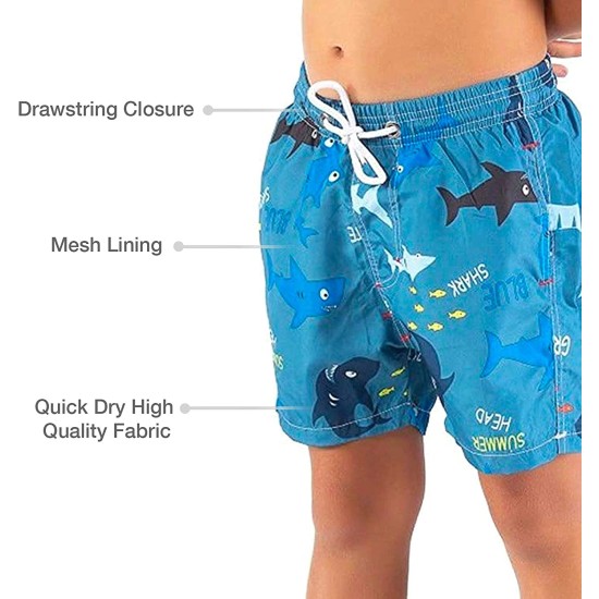 Printed, Solid & Fluorescent Colored Quick Dry Swim Shorts for Boys and Girls, Swim Trunks, Bathing Suits, Swimwear, Swim Shorts for Kids, Shark Blue, 5-6T