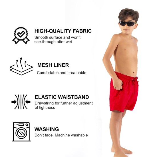 Printed, Solid & Fluorescent Colored Quick Dry Swim Shorts for Boys and Girls, Swim Trunks, Bathing Suits, Swimwear, Swim Shorts for Kids, Red, 7-8T