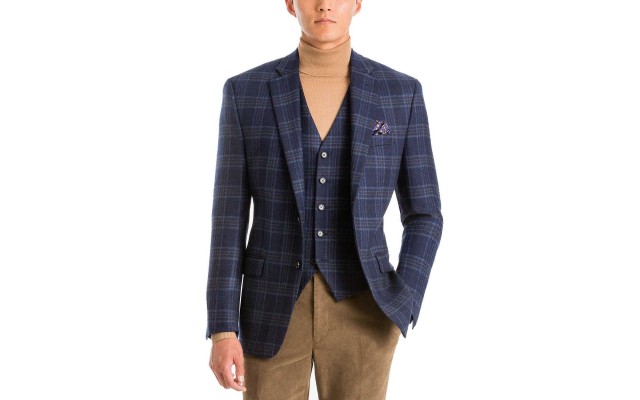  Men’s Classic-Fit Plaid Wool Matching Vest (Navy/Brown, S)